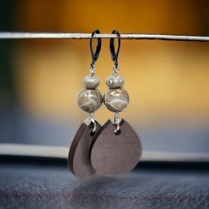 Fossilized Coral Gemstone Beads Wood Dangle | 3" long | Black Coated Stainless